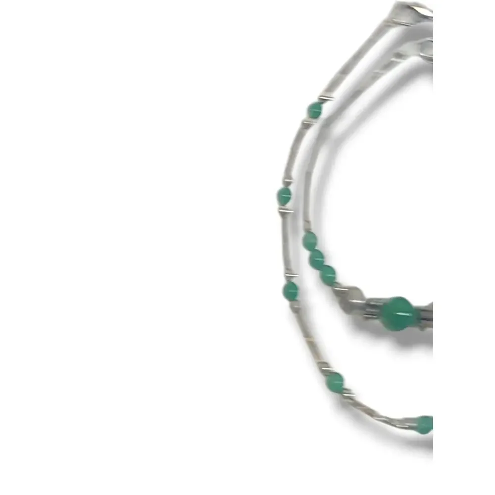 Vintage Silver Tone Green Glass Faux‎ Jade Bead Bracelet & Anklet Set 7.5